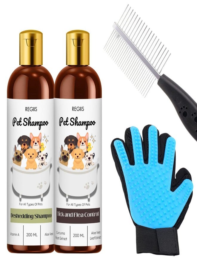 مجموعة العناية بالحيوانات الأليفة مع شامبو لإزالة الشعر الزائد، تركيبة لمكافحة القراد والبراغيث، 200 مل لكل منها، تتضمن قفازًا ومشطًا للعناية (عبوة من 4 قطع) - Image 1